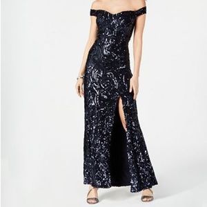 Nightway Sequined Off-The-Shoulder Gown (NAVY)